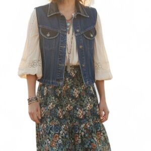 Cache Vintage Denim & Black Leather Trim Vest Moto Biker Cropped Jean Jacket Sz